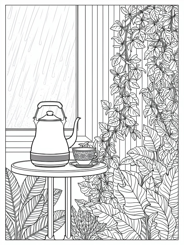 Line art of a rainy window scene with teapot and cup on a table, dense climbing vines on walls, and large potted plants.