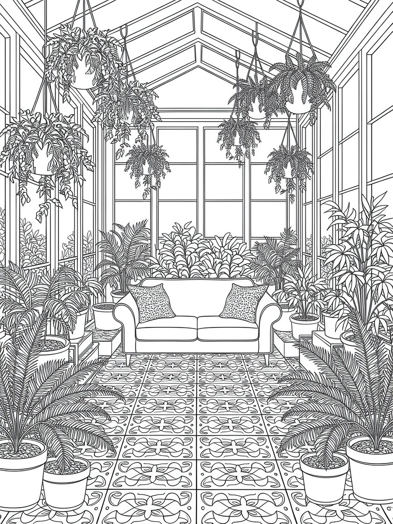 Line drawing of a glass conservatory filled with hanging and potted plants around a central sofa on patterned tiles.