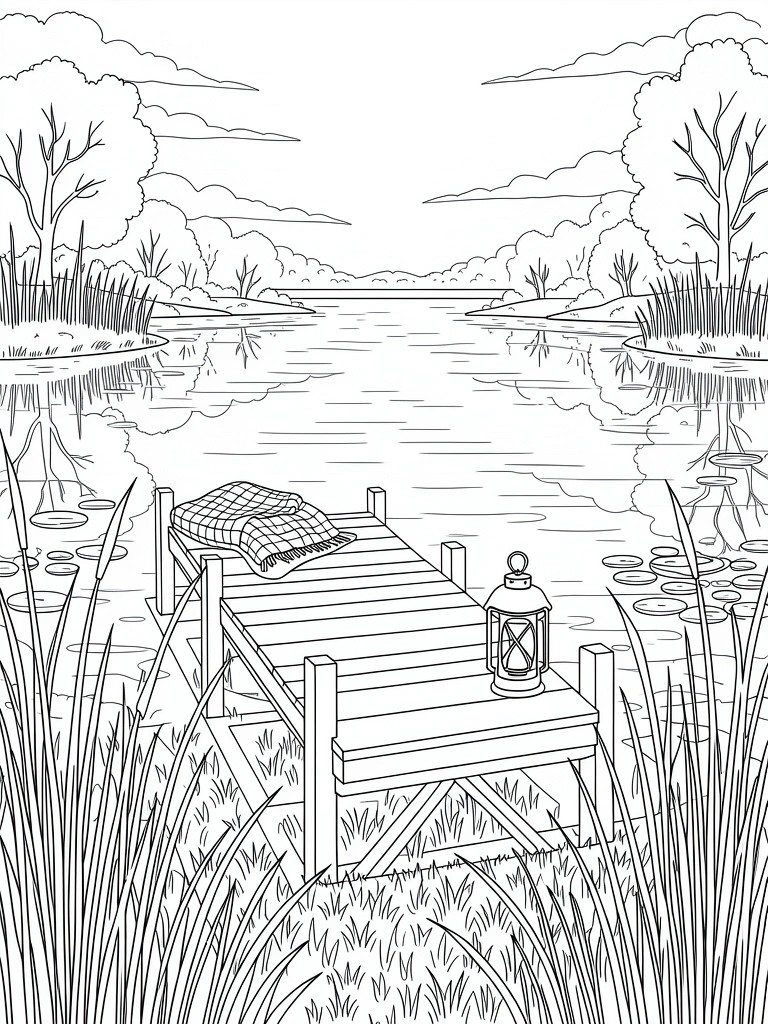 Line art coloring page of a wooden dock with lantern and blanket on a lake, framed by reeds and trees with water reflections.