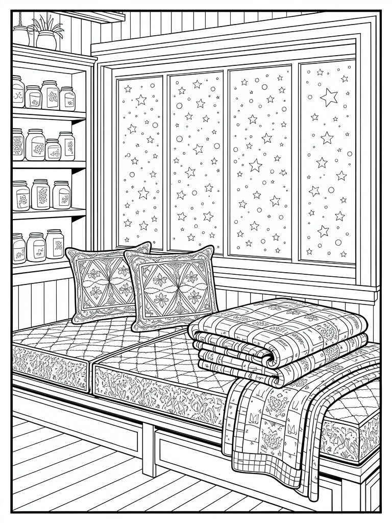 Line art coloring page of a window seat with cushions, quilt, jar shelves, and snowflake-covered window.