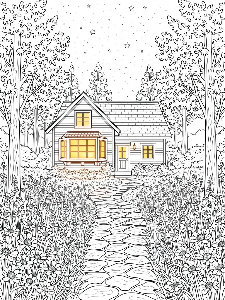 Line drawing of a cabin in a forest surrounded by trees and flowers, with a path leading to it under a starry sky.