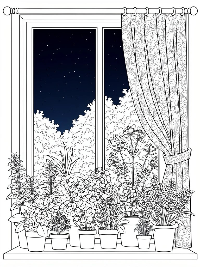 Line art of a window at night showing stars, trees, patterned curtains, and numerous potted plants on the sill.