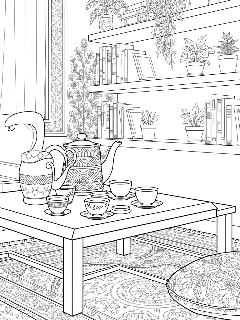 Line drawing of a room interior with plant- and book-filled shelves, low table with teapot and cups, curtained window, patterned rug, and floor cushion.