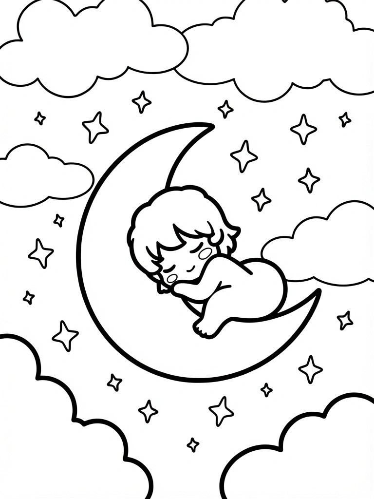 Line art of a nude chibi anime baby sleeping on a crescent moon with clouds and stars in the background.