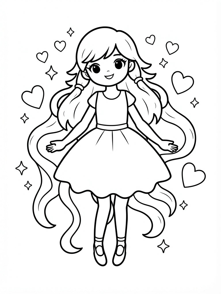 Black line drawing of a smiling anime girl with pigtails and long hair, wearing a dress and ballet shoes, surrounded by hearts and stars.