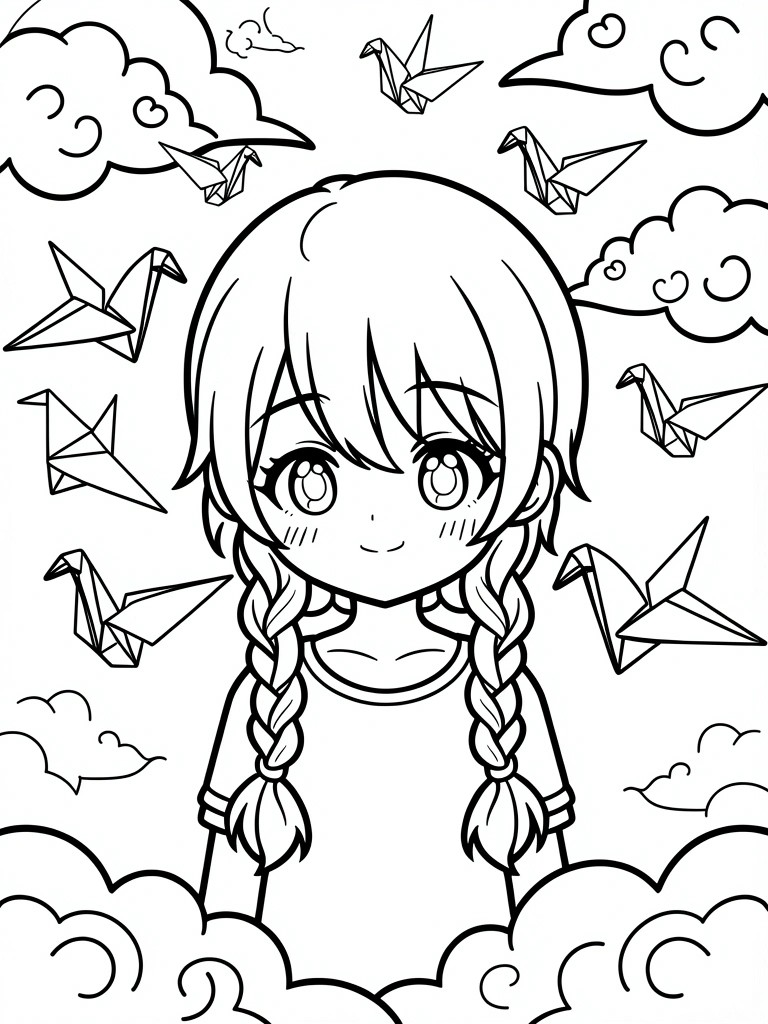 Line drawing of a smiling anime girl with pigtails surrounded by many origami cranes and clouds.