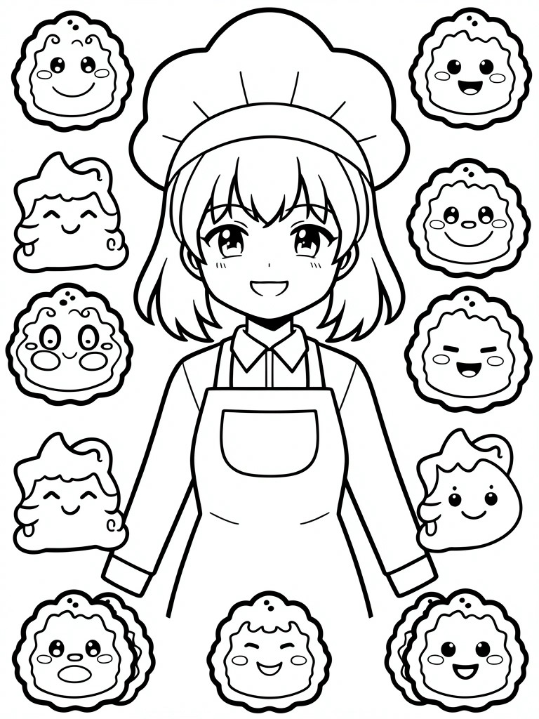 Black line drawing of cute anime chef girl centered among surrounding chibi dumplings with faces.