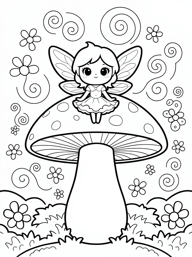 Black and white line art of a cute chibi fairy with wings and dress sitting on a mushroom amid flowers, swirls, and grass.