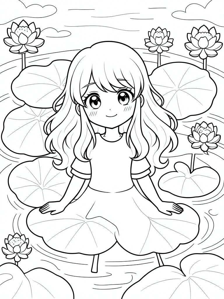 Black and white line drawing of a chibi anime girl with long hair sitting on lily pads amid lotus flowers in a pond.