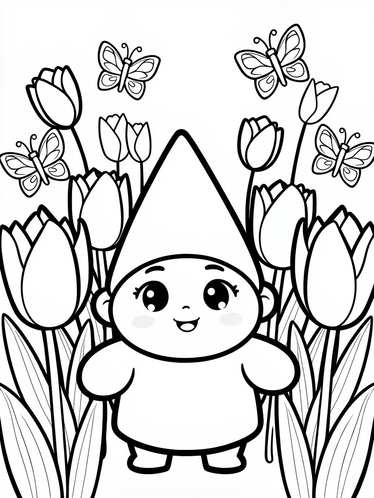 Black line drawing of a cute chibi gnome surrounded by tulips and butterflies.