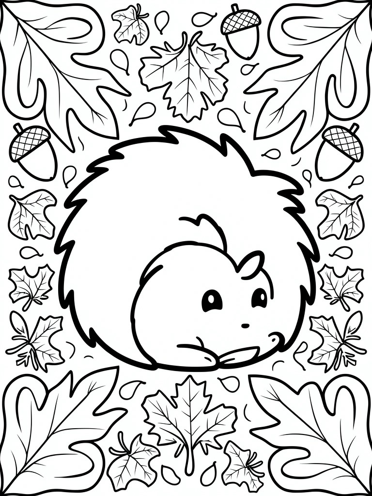 Black and white coloring page of a cute hedgehog surrounded by autumn leaves and acorns.