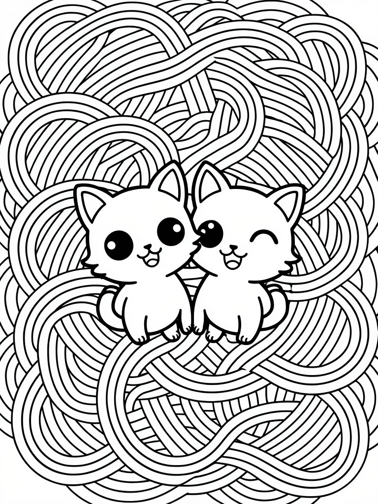 Black line art of two smiling chibi kittens surrounded by a background of swirling noodles.