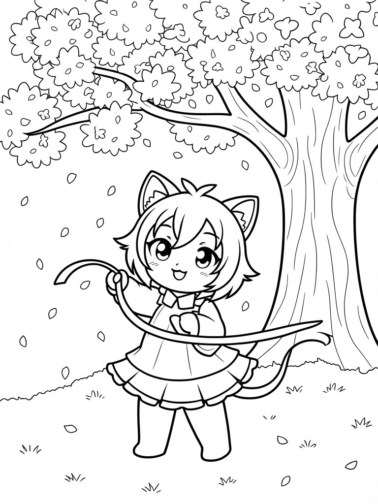 Black line art of chibi cat girl in dress holding ribbon under cherry blossom tree with falling petals and grass.