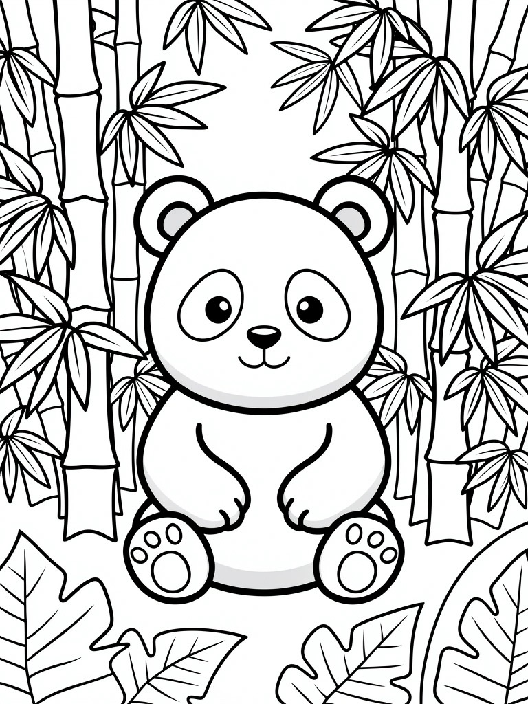 Black line art of a cute chibi panda sitting amid bamboo stalks and leaves.