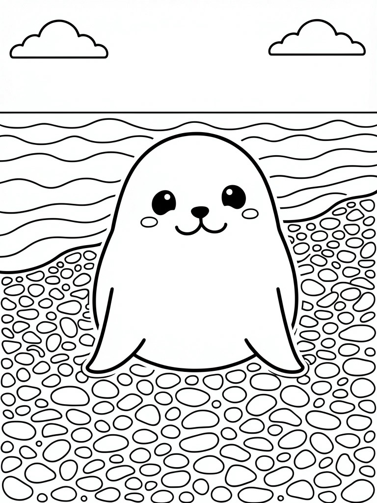 Line art of a cute chibi seal pup sitting on a pebbly beach with waves, sand, and clouds.