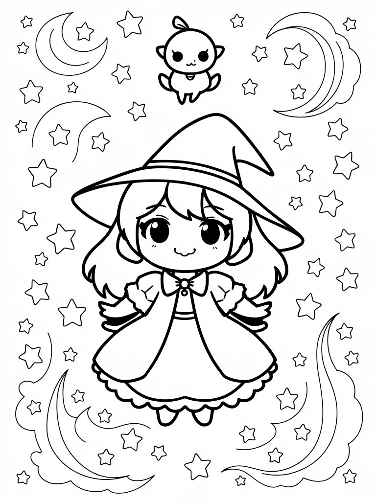 Black line art of a chibi anime witch girl in hat and dress floating in a starry sky with moons, stars, swirls, and a small chick.