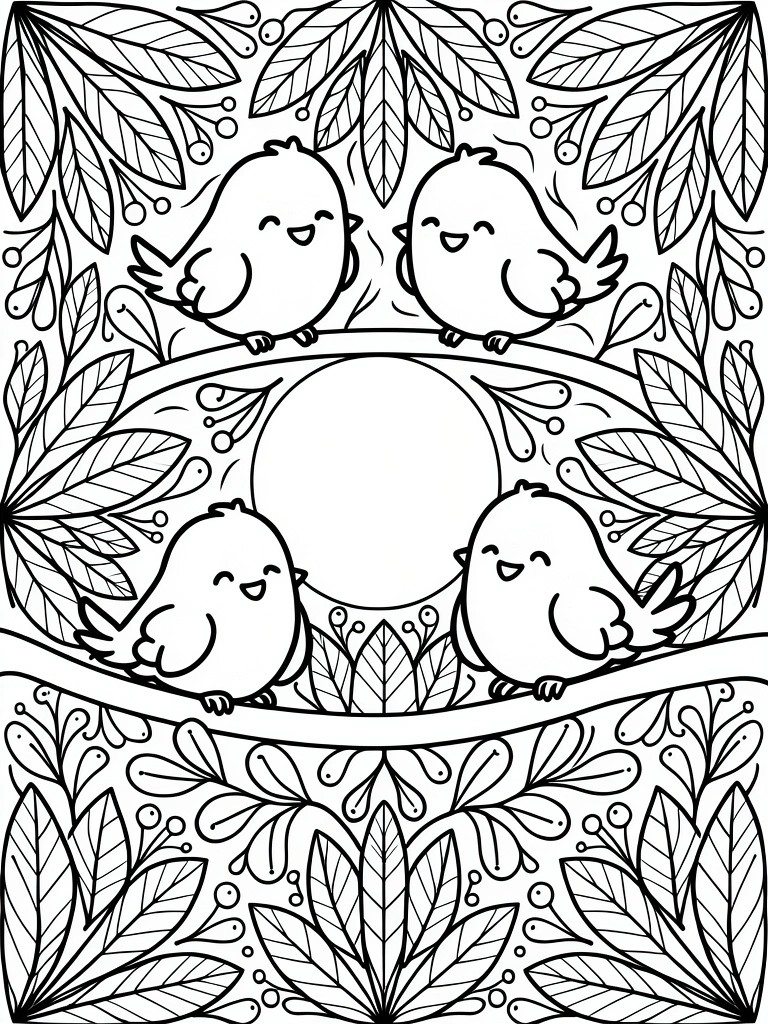 Line art coloring page featuring four smiling chubby birds arranged around a central blank circle moon, surrounded by detailed leafy and berry borders.