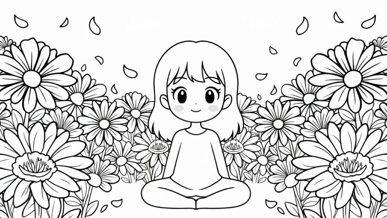 Black line art of a chibi anime girl sitting cross-legged in meditation amid a field of daisies and floating petals.