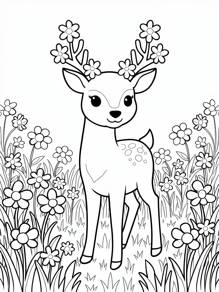 Line art of a spotted deer with flowers on its antlers standing in a field of flowers and grass.