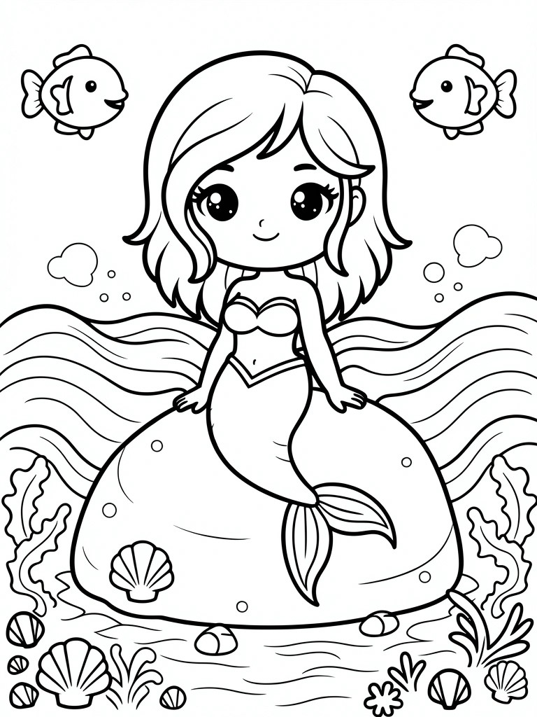 Black line art of a chibi anime mermaid with big eyes sitting on a rock surrounded by fish, seaweed, shells, and wavy ocean lines.