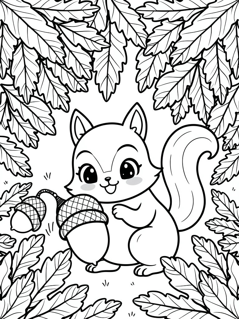 Line art of a cute anime squirrel holding an acorn, framed by oak leaves on a simple ground.