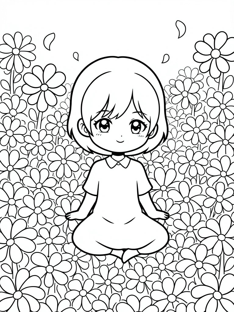Black line art of a chibi anime girl sitting cross-legged in meditation amid a field of daisies and floating petals.