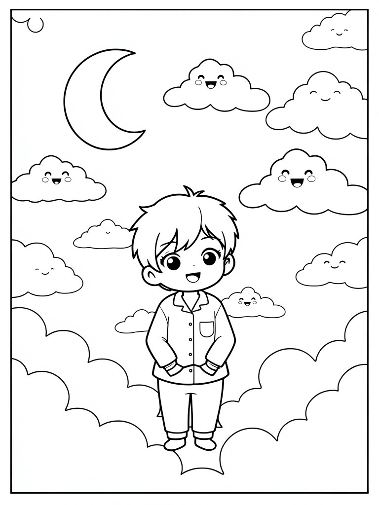 Line art of a chibi anime boy in pajamas standing below a crescent moon and happy-faced clouds in a night sky.