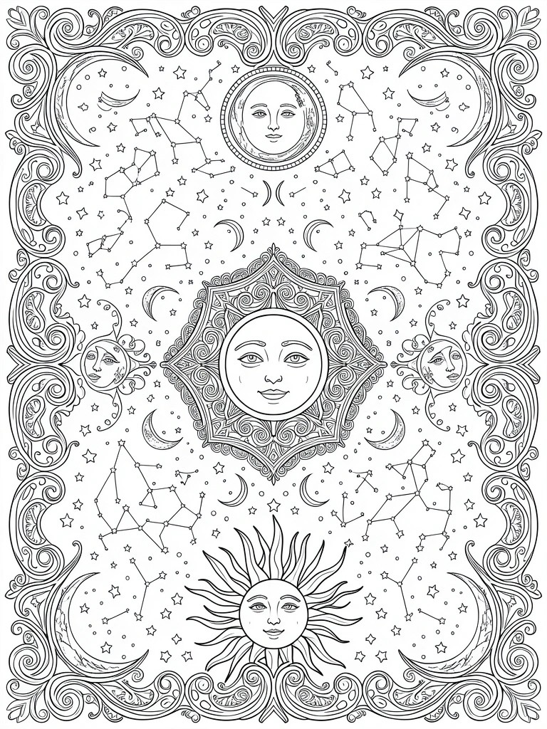 Line art coloring page with a central detailed sun mandala, surrounding moons, stars, constellations, and ornate borders.