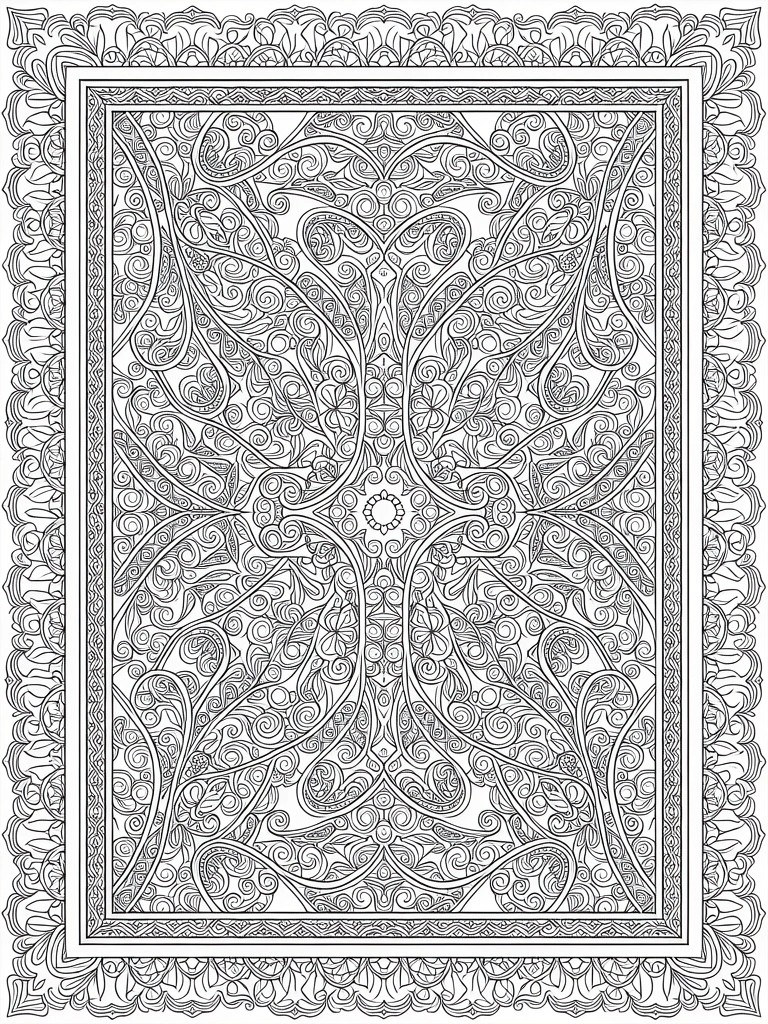Black and white line art of a rectangular symmetrical mandala with intricate floral swirls, leaves, and an ornate border.