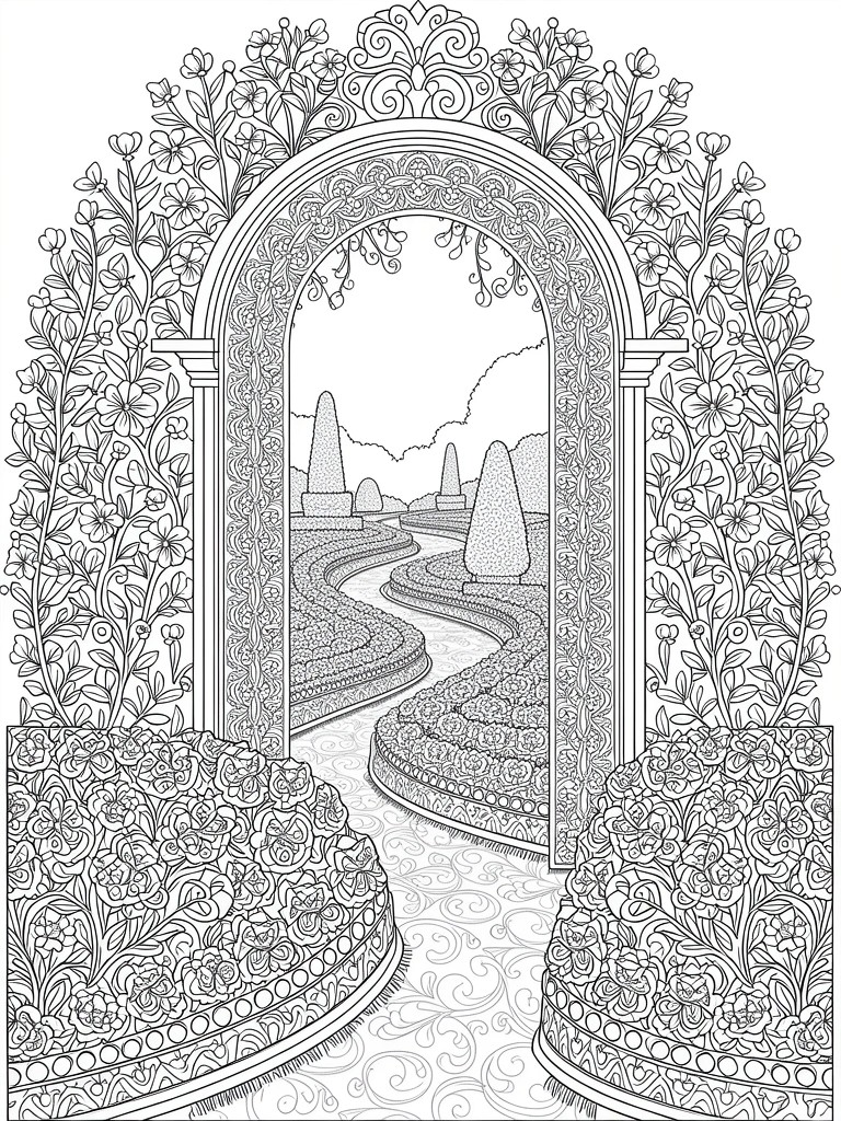 Black and white line art of an arched gateway overgrown with vines and flowers, opening to a garden with curved paths, hedges, and topiary trees.