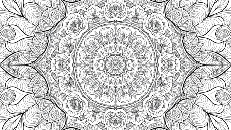 Black line art coloring page of a circular mandala filled with symmetrical floral patterns, leaves, vines, and geometric shapes.