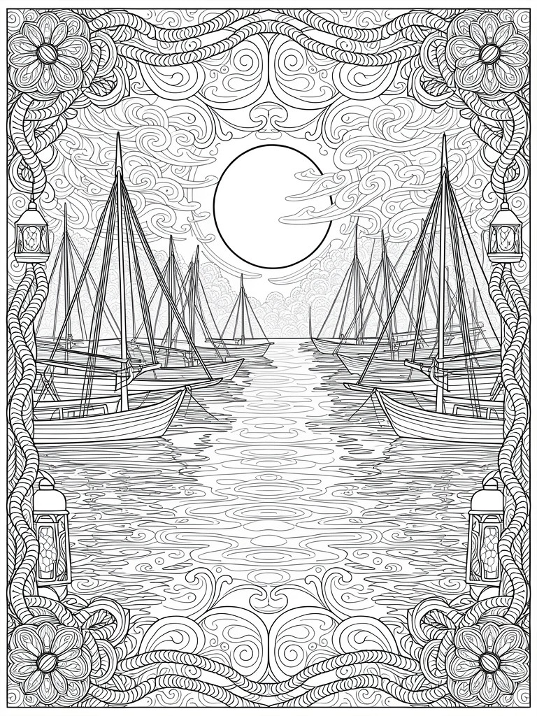 Intricate line art coloring page featuring a fleet of sailboats on reflective water under a full moon, surrounded by swirling floral borders and lanterns.