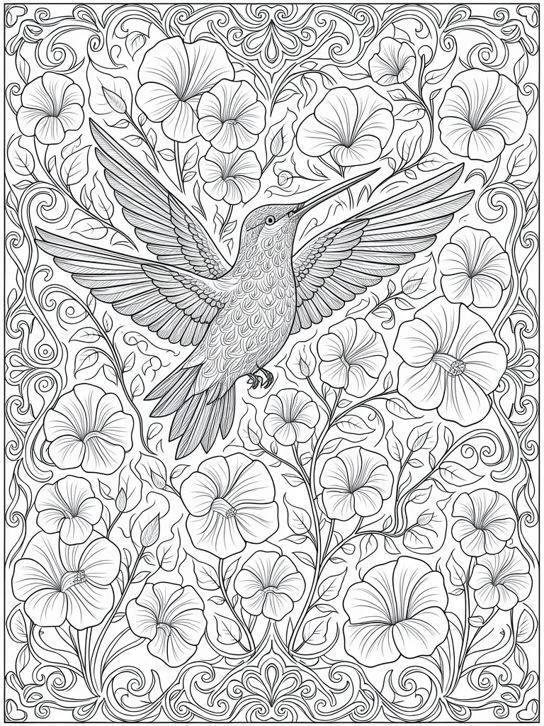 Line drawing of a hummingbird with spread wings amid morning glory flowers and vines in an ornate border.