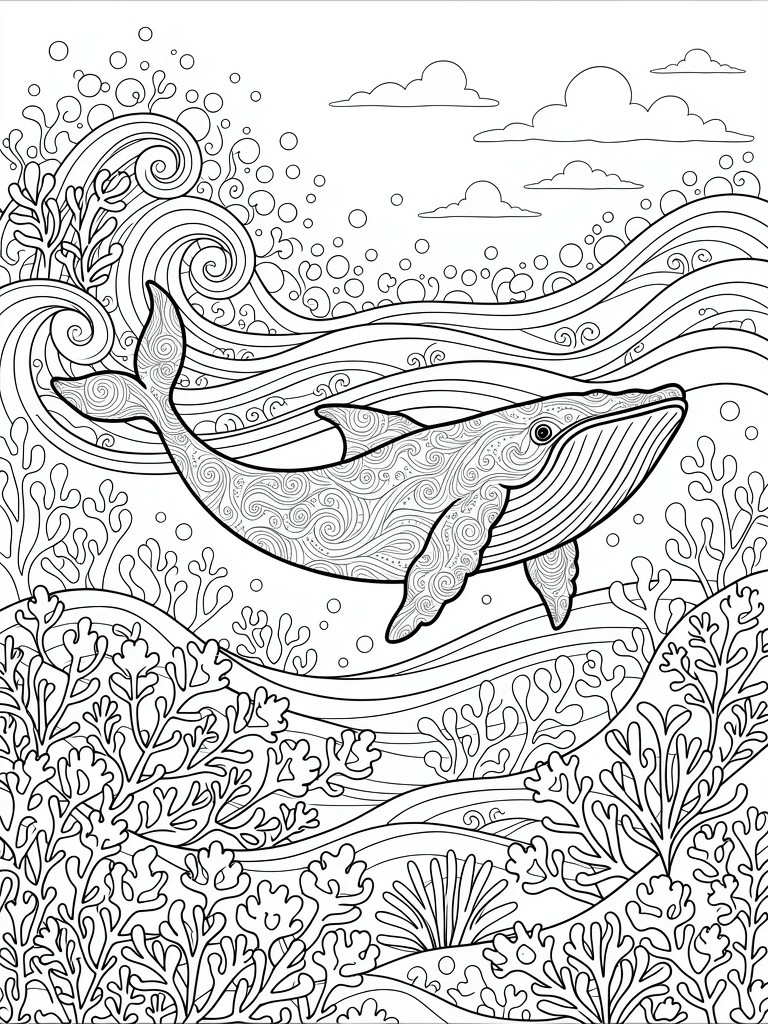 Black line art coloring page of a patterned humpback whale swimming amid swirling waves, seaweed, bubbles, and clouds.