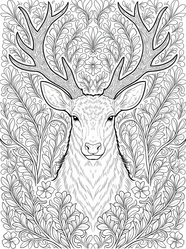Black and white line drawing of a stag's head surrounded by elaborate floral and leafy patterns.