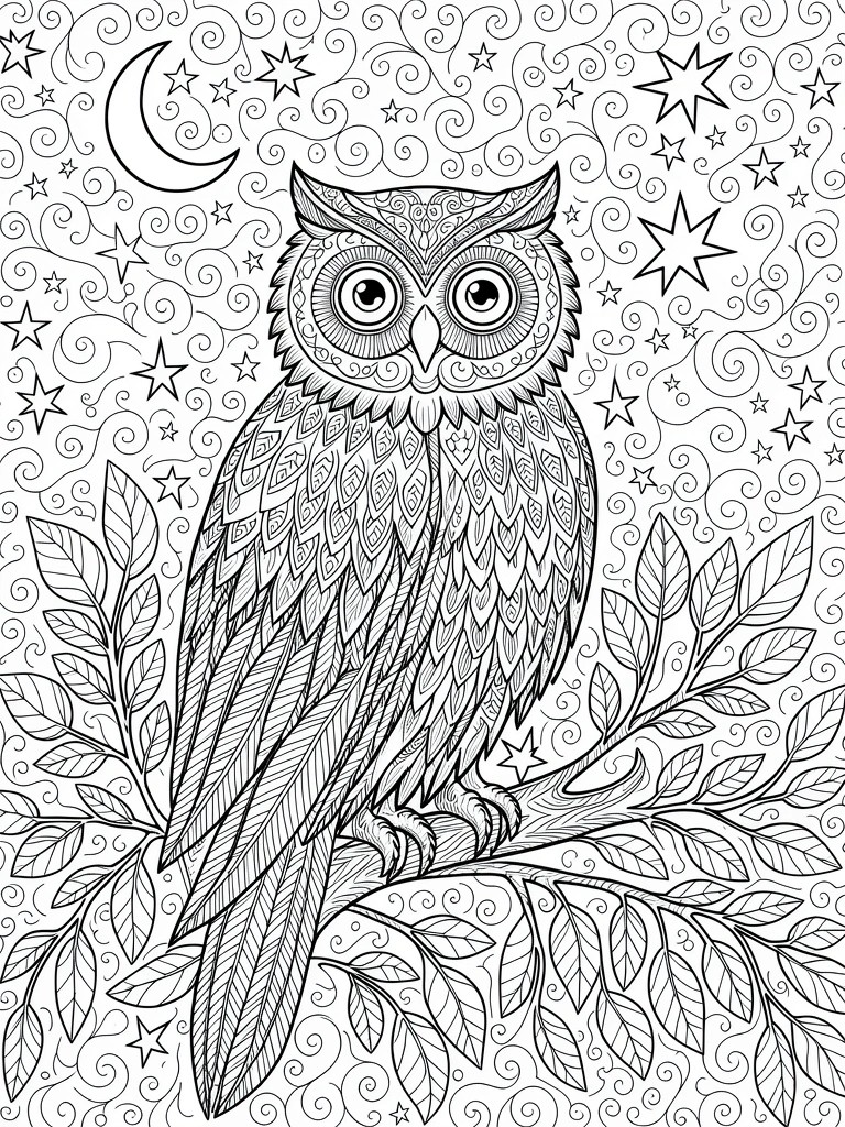 Black and white line art of a detailed owl on a branch with leaves, surrounded by swirling stars and a crescent moon.