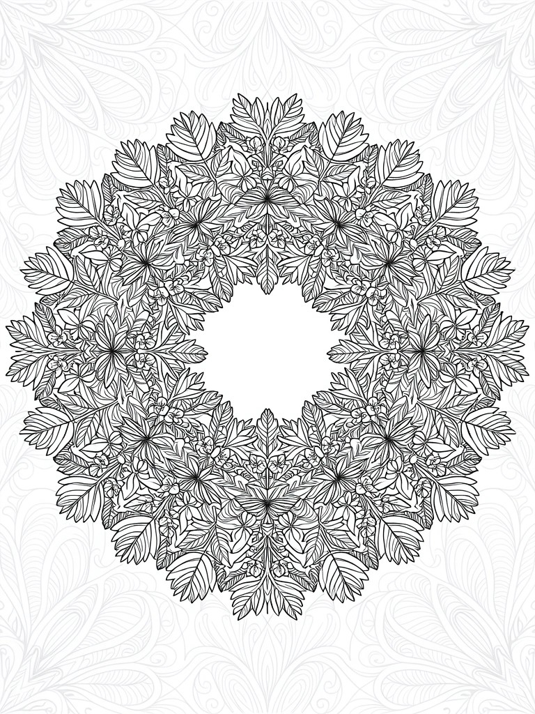 Black line drawing of a circular symmetrical wreath with detailed leaves and small flowers on a subtle patterned background.