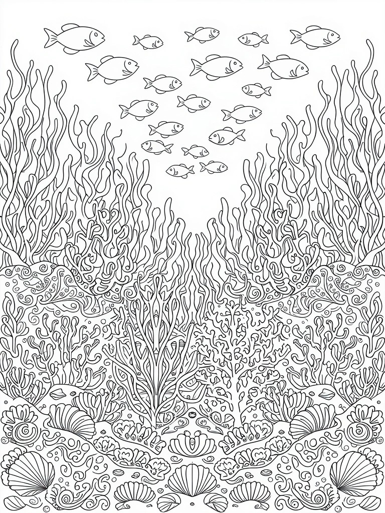 Black and white line art of an underwater scene featuring schools of fish among tall seaweed, corals, and bottom shells.