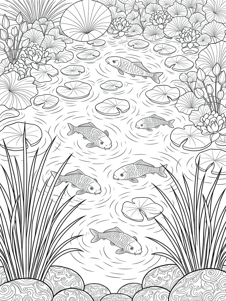 Line art coloring page of multiple koi fish swimming among lotus leaves, flowers, and reeds in a pond with patterned rocks.