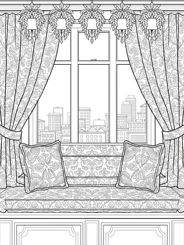 Line drawing of a patterned window seat with draped curtains and pillows framing a city skyline view.