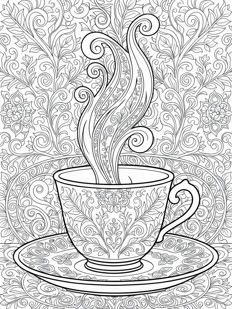 Line art coloring page featuring a teacup on a saucer with swirling steam rising, framed by intricate paisley and floral background patterns.