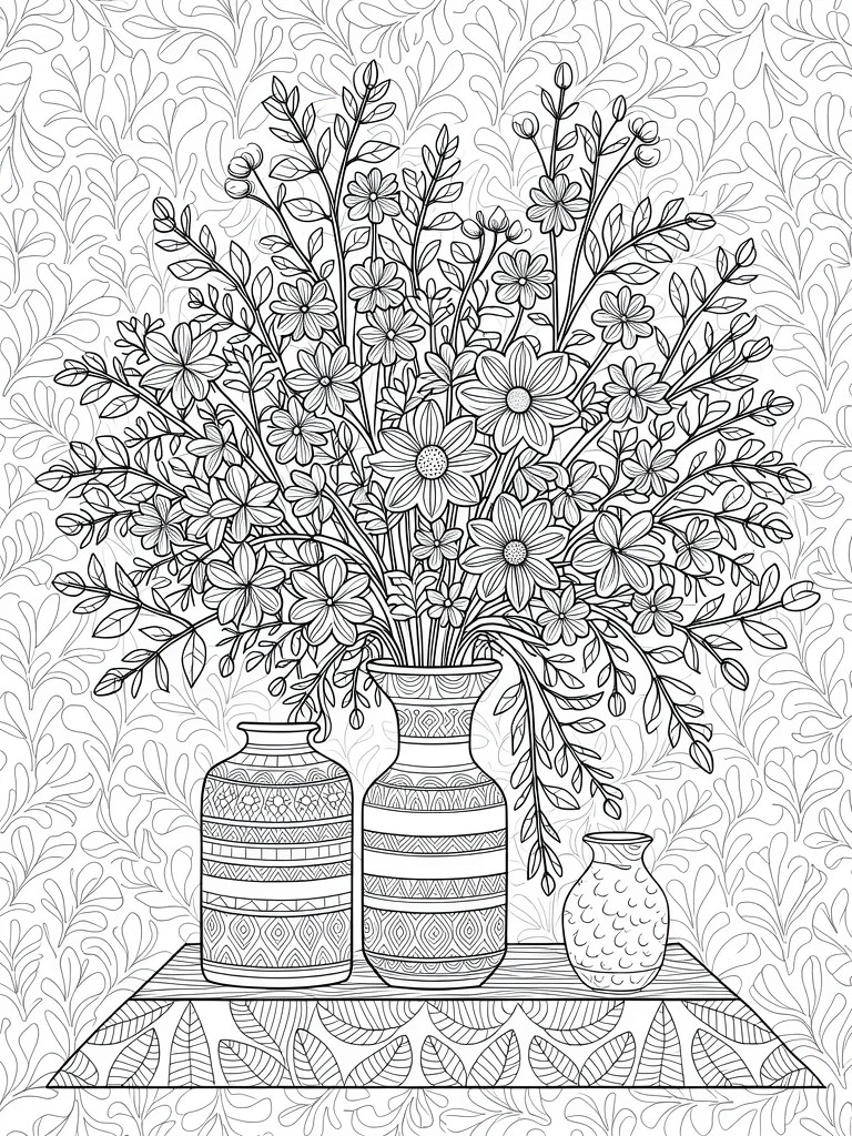 Line drawing of three patterned vases on a table with a central bouquet of flowers and branches against a textured background.