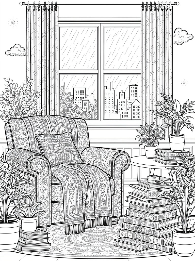 Line art coloring page of armchair with blanket and pillows, plants, books, and rainy cityscape through window.