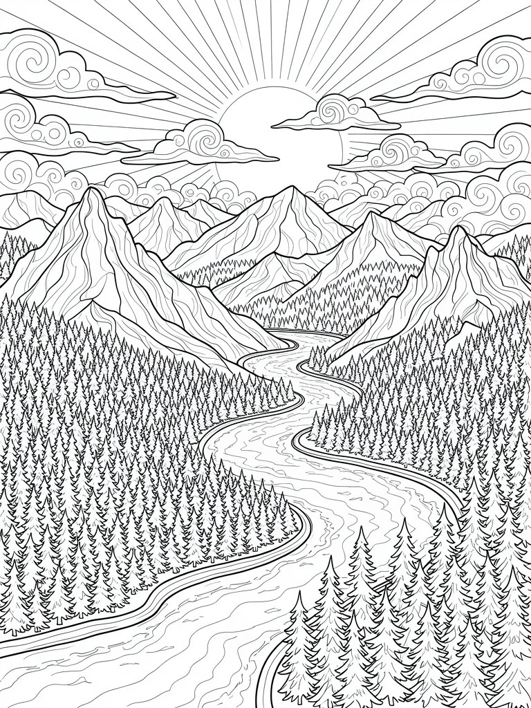 Line art of sunrise with swirling clouds and rays over mountains, forests, and a curving river in a valley.
