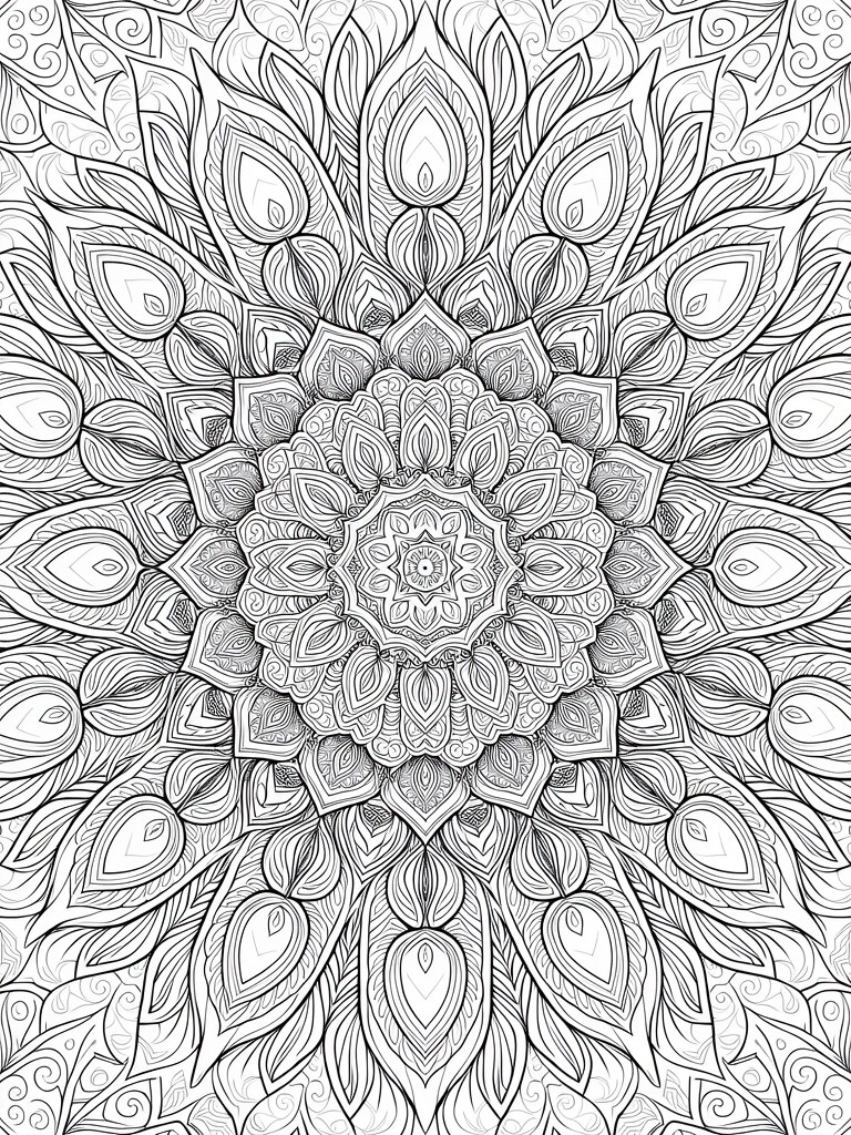 Black line art coloring page of a highly detailed symmetrical floral mandala with petals, leaves, and geometric shapes.