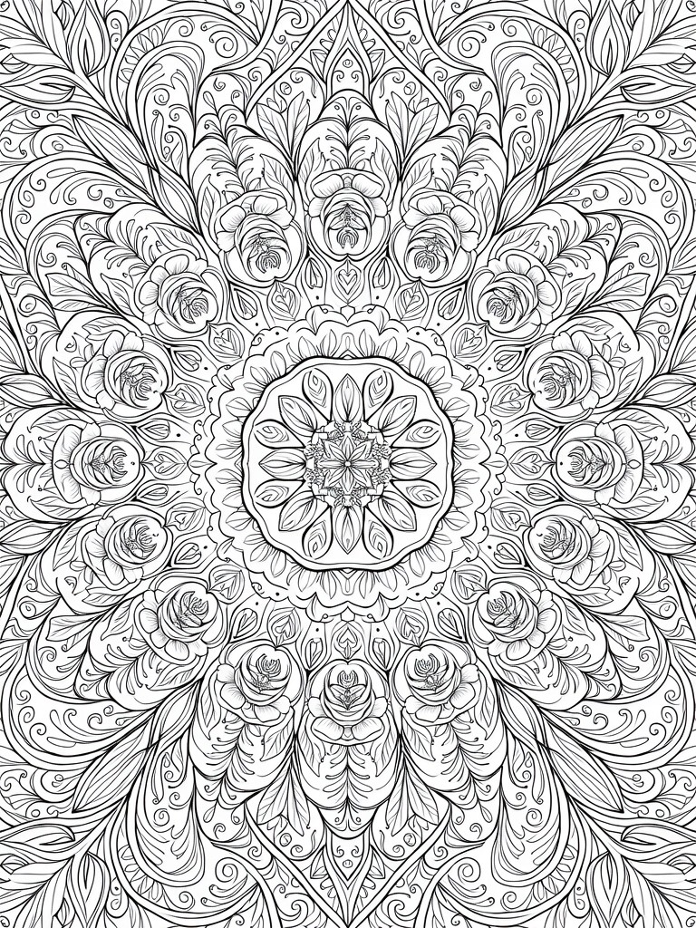 Black line art coloring page of a circular mandala filled with symmetrical floral patterns, leaves, vines, and geometric shapes.