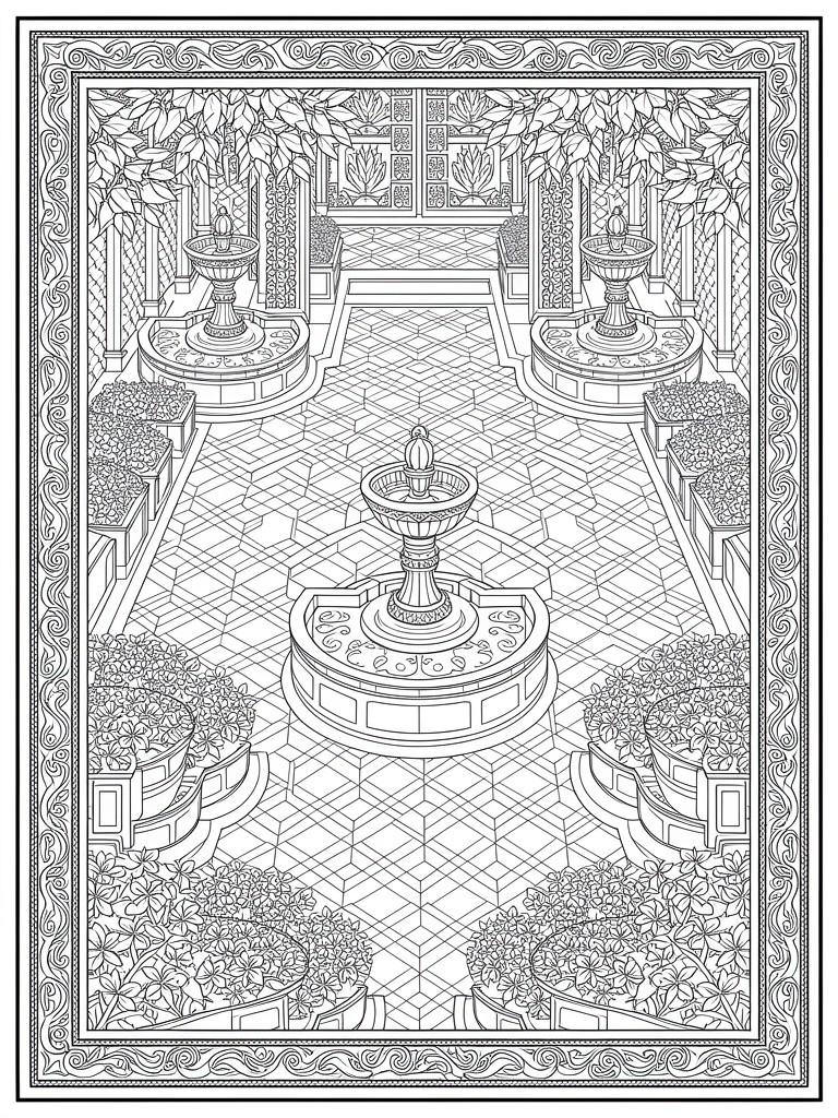 Line art coloring page of a symmetrical courtyard with central fountain, surrounding benches, planters, pavilions, tiled floor, and ornate vine borders.