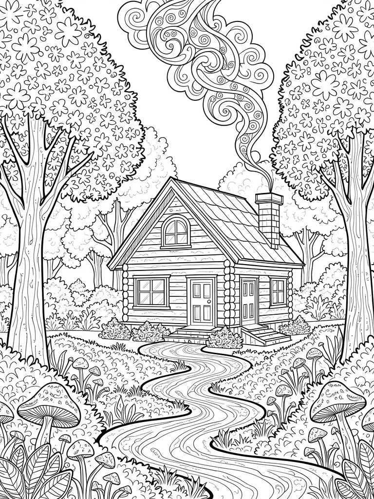 Line art of a log cabin in a forest, flanked by trees, with a winding mushroom-lined path, swirling chimney smoke, and detailed foliage.