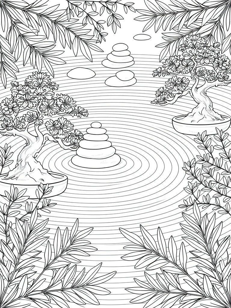 Line art coloring page depicts bonsai trees in pots around stacked stones in a circular rippling pond framed by branches and leaves.