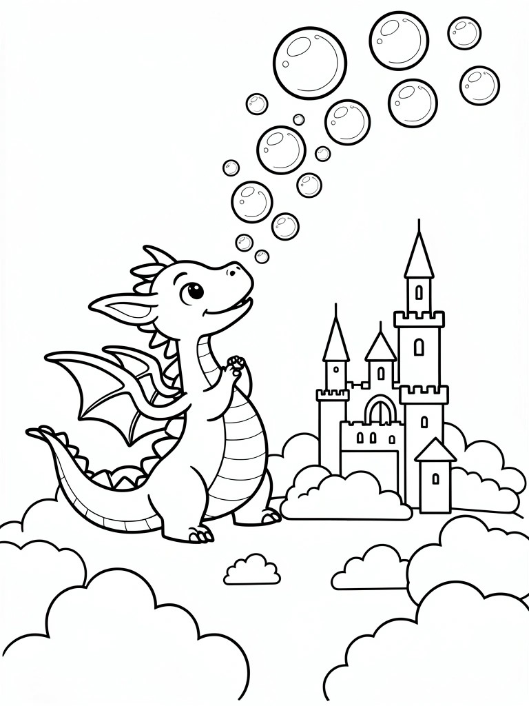 Black line art coloring page of a chibi dragon blowing bubbles that arc toward a castle amid clouds.